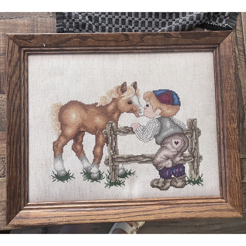 Large VTG Wood Framed Cross Stitch Boy Kissing Pony‎ 16"x10"